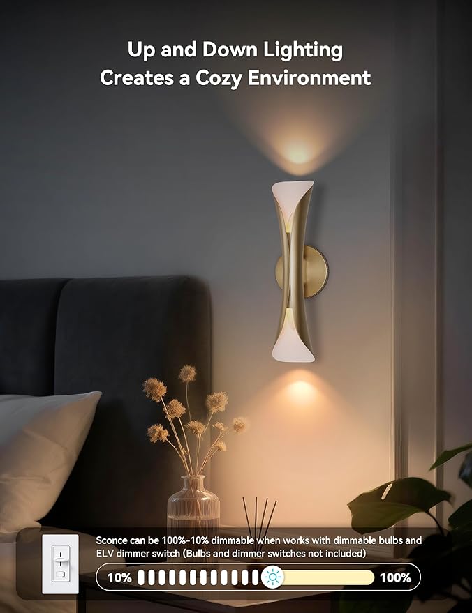 Tubicen Gold Wall Sconce Dimmable Mid Century Modern Sconces 15.7" H Large Up and Down Wall Lights for Living Room Movie Theater Lights for Wall Lamps for Bedroom Hardwired