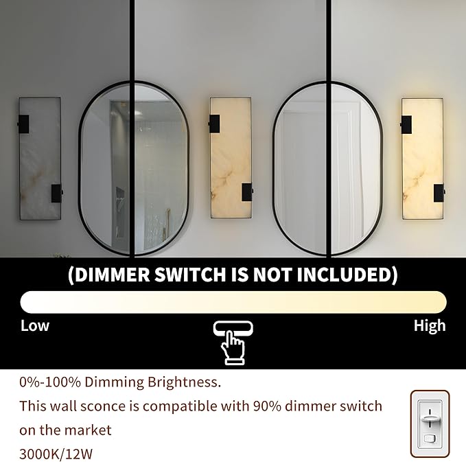 Modern Alabaster Marble Wall Sconces 14.17” Black Frame Dimmable 3000K Warm Glow Light Set of 2 for Bedroom Hallway Living Room