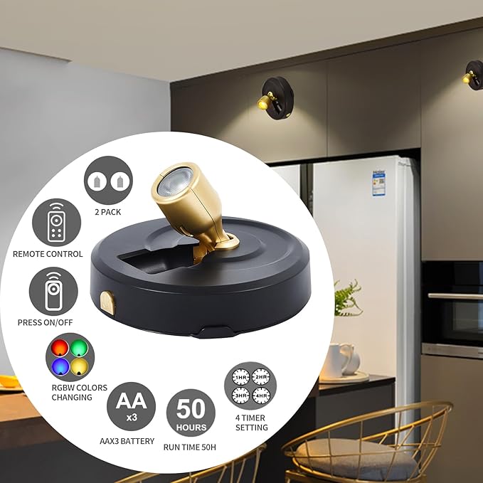 Battery Operated Spotlight, Wireless Picture Lights with Color Changing, LED Puck Light, Dimmable & Timer Accent Light with Remote, Stick on Display Lighting for Portrait Dartboard Painting Gallery