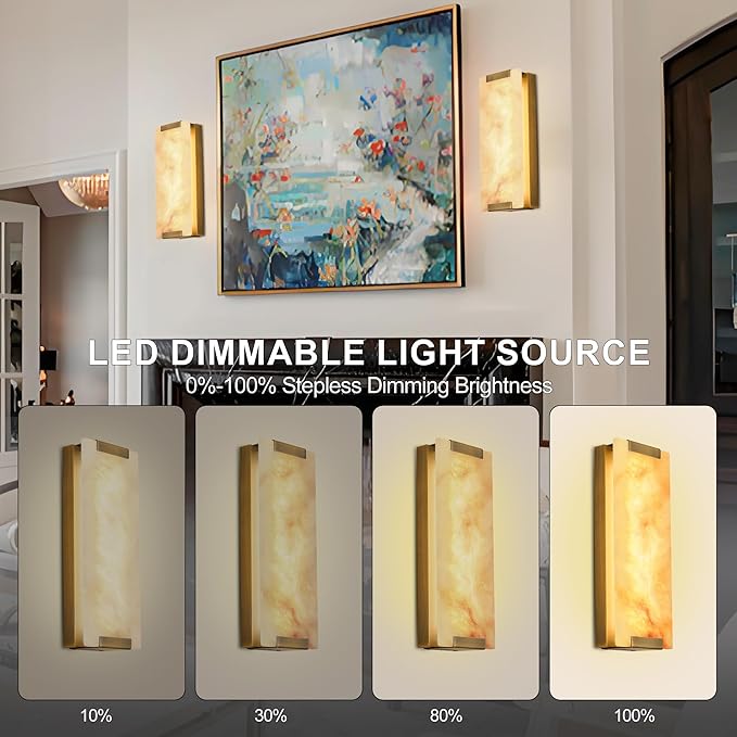 14.2 in Brass Alabaster Wall Sconces, Natural Marble Wall Sconces Indoor Alabaster Sconces for Living Room, LED Modern Alabaster Sconces Wall Lighting for Dining Room,Bedroom,Stairs