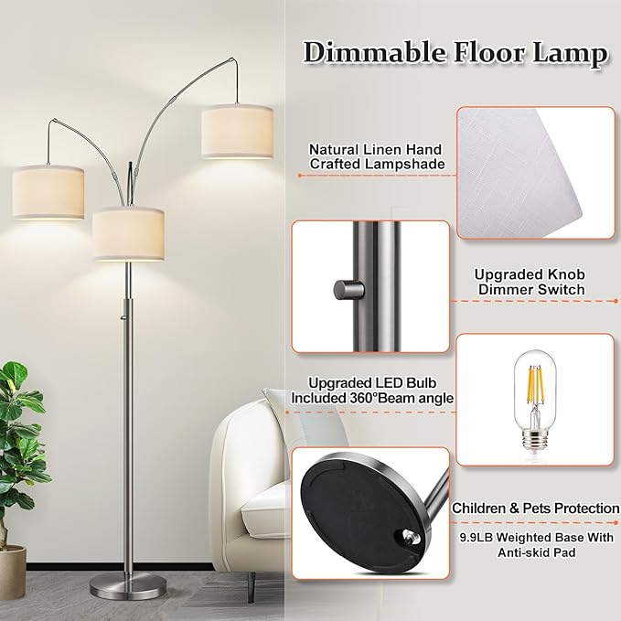 Nintiue Dimmable Floor Lamp - 3 Lights Silver Floor Lamps for Living Room with White Shades & Heavy Base, Mid Century Tree Floor Lamp for Bedroom Office, 3 LED Bulbs Included