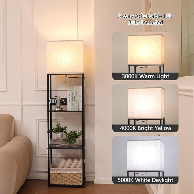 Floor Lamp with Shelves, Large Size Rectangle Standing Lamp with 3 Color Temperature Bulb, Corner Display Bookshelf Lamp for Living Room, Bedroom and Office (Black-9)