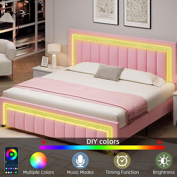 HOMBCK Bed Frame King with LED Lights and Velvet Upholstered Headboard, King Size Bed Frame with Modern Diamond Headboard Adjustable, Wooden Slats Support, Noise Free, No Box Spring Needed, Pink