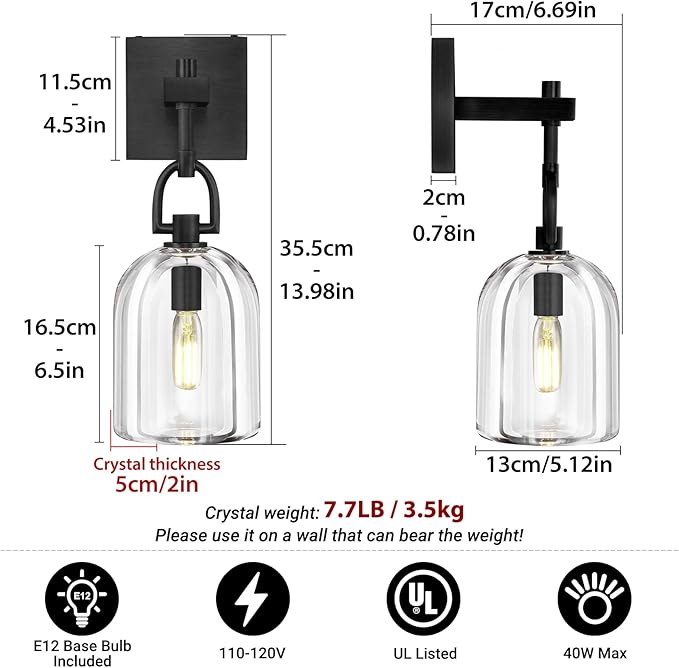 Botanist Cloche Crystal Wall Sconce, Modern Black and Crystal Bathroom Wall Sconces, Indoor Luxury Decorative Lighting Wall Sconce for Bedroom/Hallway/Stairs,Dimmable LED Included