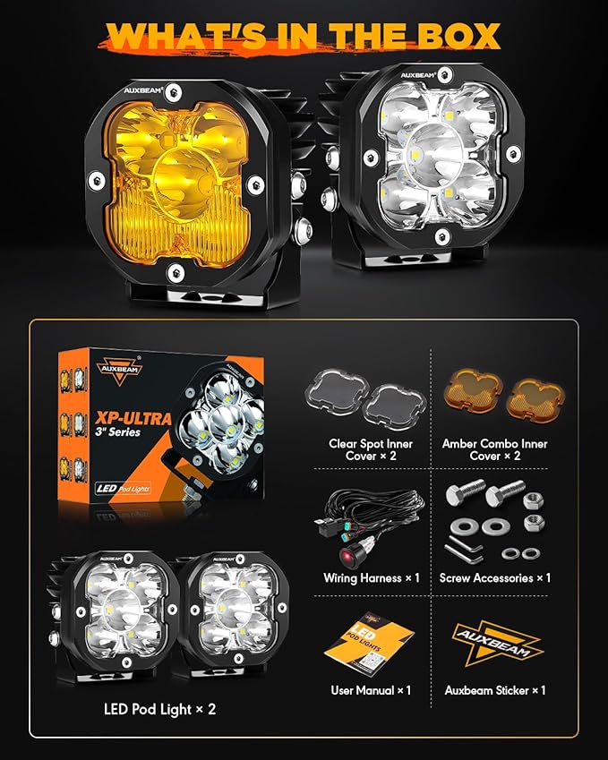 Auxbeam XP-Ultra Series 3 Inch LED Pods 80W 9600LM Offroad Driving Lights White Spot & Amber Combo Beam Ditch Light Bar Auxiliary Lights for Jeep Truck ATV UTV, Pair