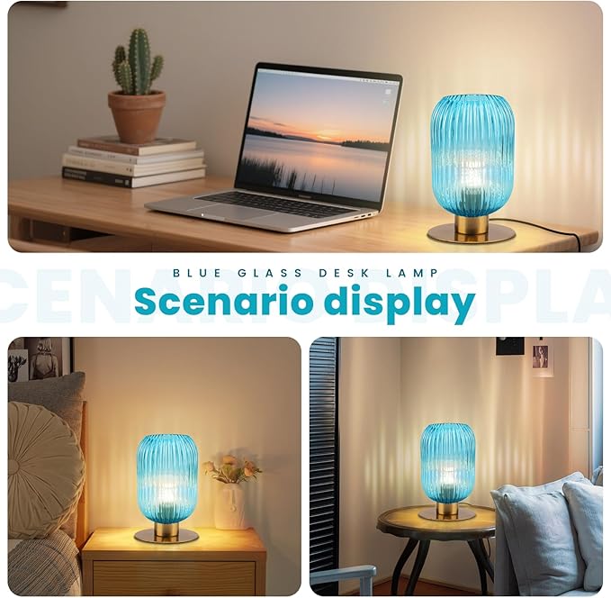 Small Table Lamp for Bedroom, Blue Bedside Lamp Mini Nightstand Lamp with On/Off Switch, Elegant Ribbed Glass Table Lamp Mid Century Bedside Table Lamp Gold Desk Lamp for Living Room Office