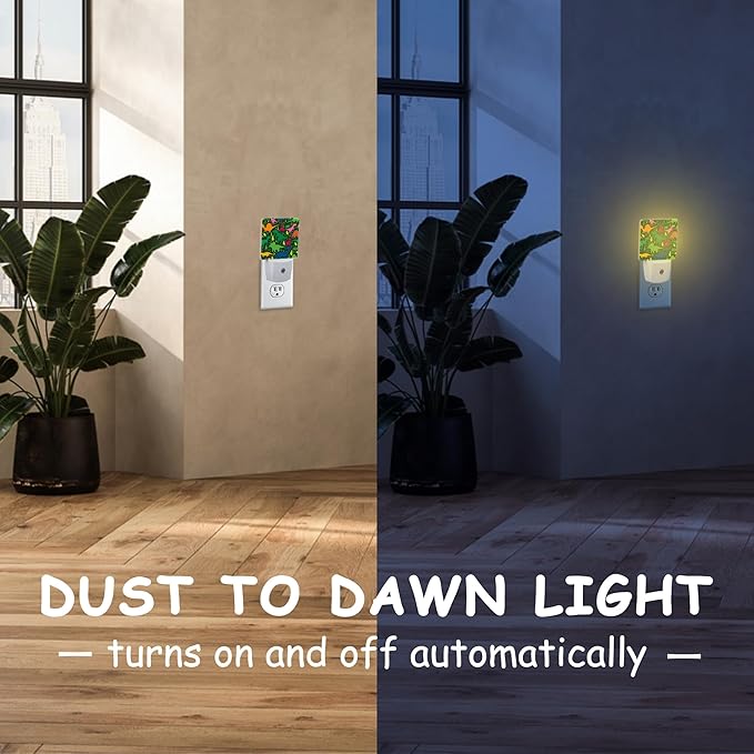 Cute Colorful Dinosaurs Night Light Plug into Wall with Dusk to Dawn Sensor Tropical Leaves Energy Efficient LED Nightlight for Women Girls Boys Room Decor,Hallway,Kitchen,Bathroom,Nursery,Stairs