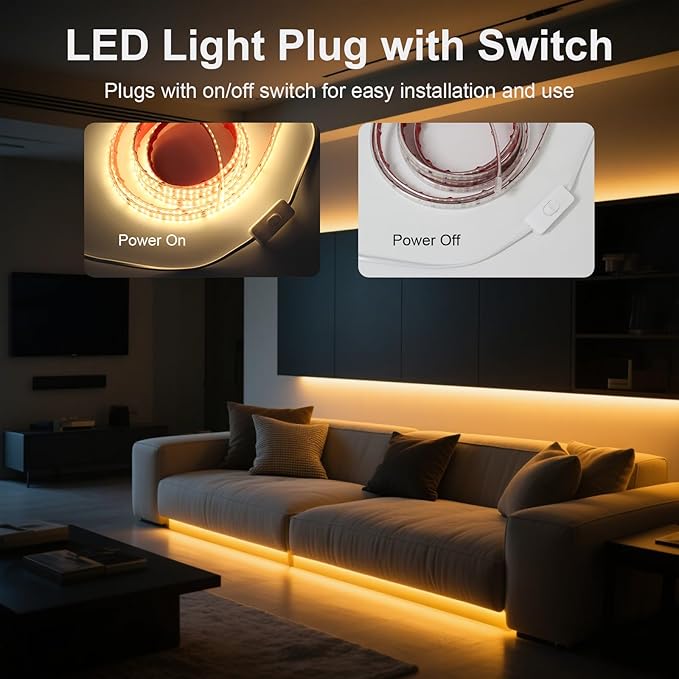 16.4FT LED Strip Light AC 110V-120V LED Rope Lights Outdoor Waterproof IP65 6000K Cold White 240LEDs/m Flexible Adhesive LED Tape Lights with Switch for Bedroom Cabinet Lighting