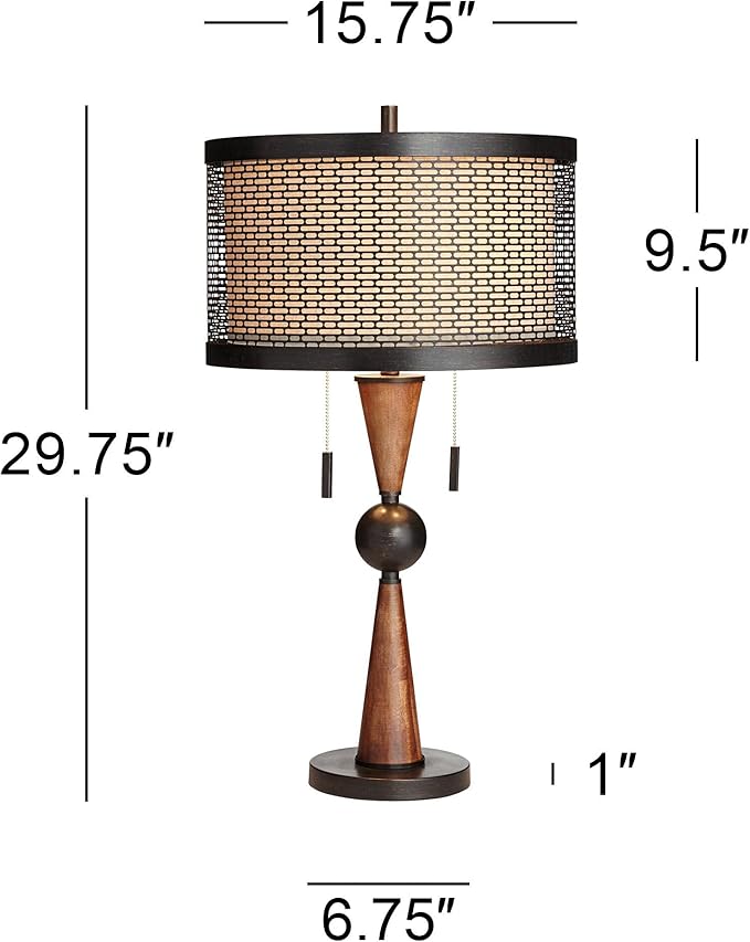 Franklin Iron Works Hunter Rustic Farmhouse 3-Way Table Lamp with Table Top Dimmer 29.75" Tall Bronze Cherry Wood Finish Double Drum Shade Decor for Living Room Bedroom House Bedside Nightstand Home