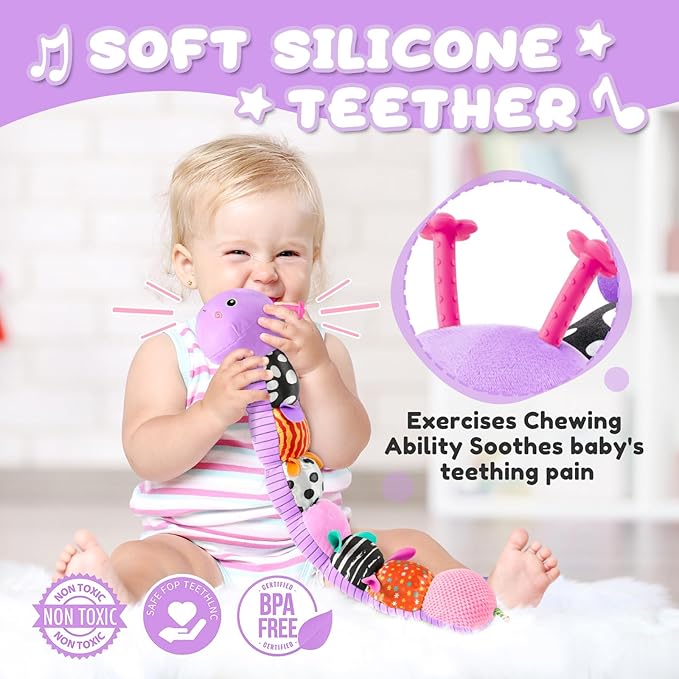 Baby Toys 0-6-12 Months,Musical Caterpillar Stuffed Animals Activity Infant Toys with Crinkle,Rattles,Muti-Teething Sensory Toy,Boy Girl Gifts for Newborn Tummy Time,Purple