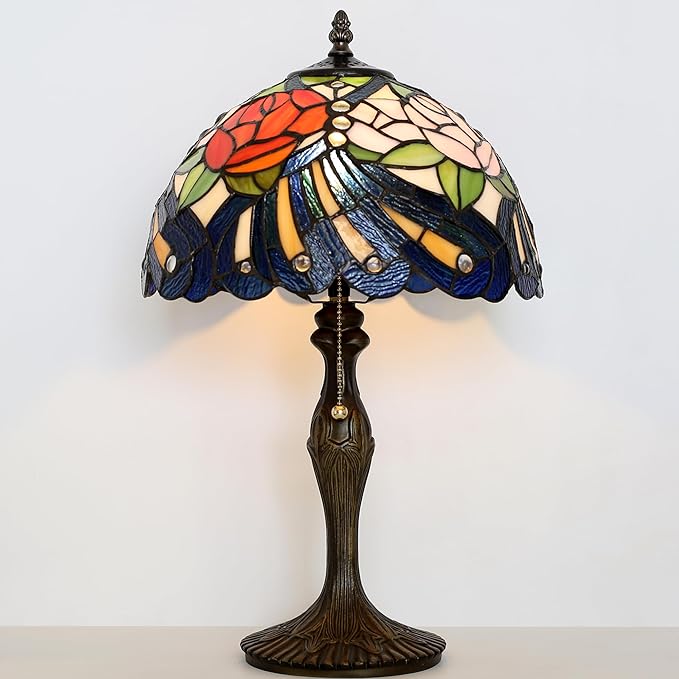 Tiffany Lamp Stained Glass Table Lamp 12” x 19” Rose Feather Style Decorative Lamp Bedside Reading Lamp for Desk Living Room Bedroom Office Study Light Home Decor Gift