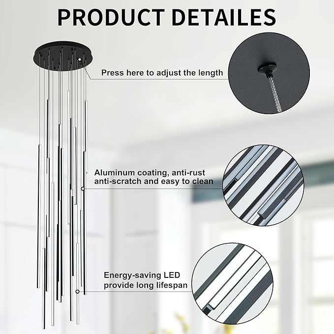 138" Modern LED Chandelier, Clustered Led Pendant Light, 20-Lights Dimmable High Ceiling Large Hanging Lighting Fixture for Loft Villa Living Room Stairs Foyer (Black-110W-20 Lights)