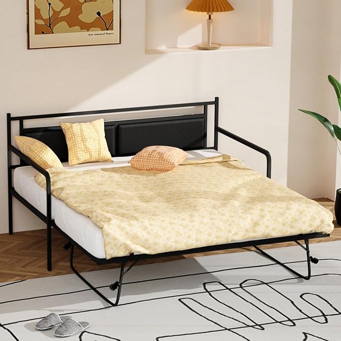 VINGLI Twin Daybed with Pop Up Trundle,Sofa Day Bed with LED Light & Charing Station,Pull Out Bed with Steel Slat Support & Upholstered Headboard, Platform Bed Frame, Black