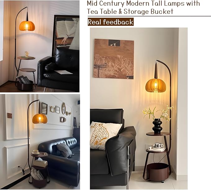 Bofea-Modern Arc Floor Lamp with Table & Shelves,Vintage Floor Lamps for Living Room,Mid Century Tall Standing Lamp with Walnut Shade,Adjustment Height Corner Lights for Bedroom Study Office