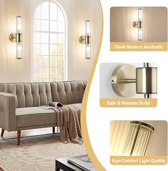 Modern Vanity Light Fixture, Brushed Bronze Wall Sconce with Glass Rod Shades, Double Socket E12 Candelabra Base for Bathroom Mirror Lighting (Bulbs Not Included)