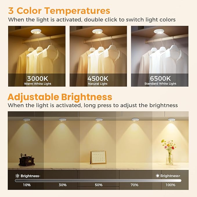 Motion Sensor Puck Lights, 3 Color Temps Dimmable Under Cabinet Lighting indoor, LED Wireless Rechargeable Magnetic Closet Light for Drawer, Shelf, Wardrobe, Kitchen, Hallway (White, 4 Pack)