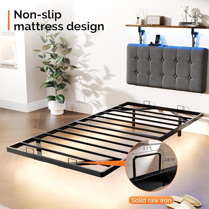 VINGLI Twin Size Floating Metal Bed Frame with LED& Charging Station Hanging Linen Headboard,Comfortable Cushion,10'' Platform Bed for Kids Teens Adults, No Box Spring Needed, Dark Gray