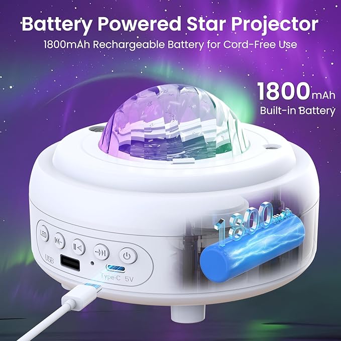 Star Projector with Bluetooth Speaker, 1800mAh Battery Operated Night Light Galaxy Projector, Northern Lights Aurora Projector with Moon, Mood Ambient Lighting for Bedroom Kids Girls Adults