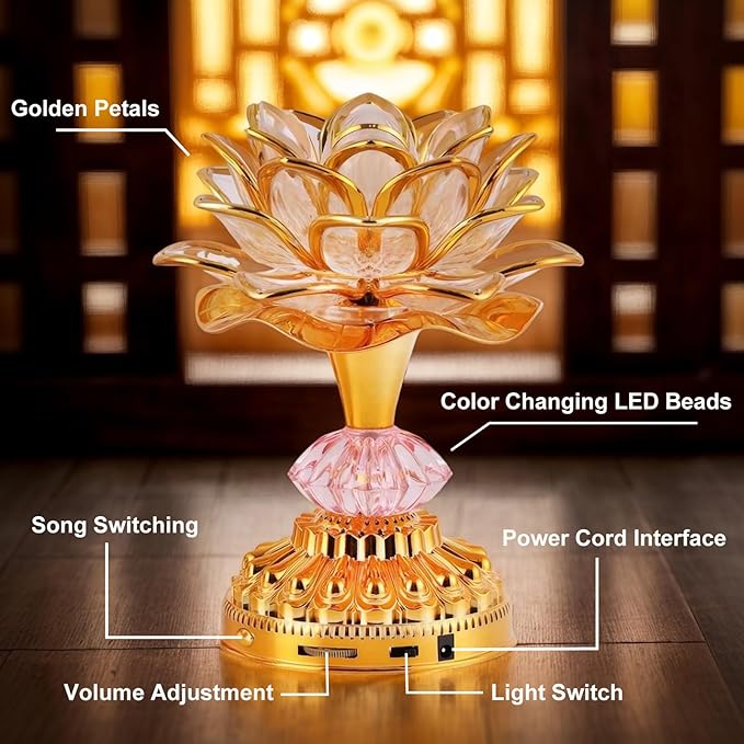2Pack - Colorful LED Lotus Buddhist Lamp, Built 13 Buddhist Songs, Gradient Buddha Light for Worship, Prayer and Display, Low Power Consumption, Eco, Buddhist Supplies - Gold