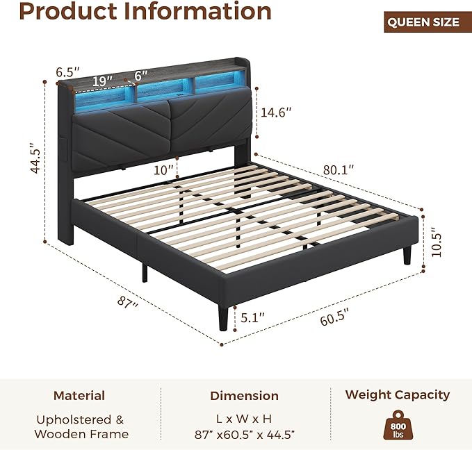 Queen Size Velvet Bed Frame with Ergonomic Headboard, Upholstered Platform Bed with LED Light & Charging Station, Wooden Slats Support, Noise-Free, No Box Spring Needed (Grey)