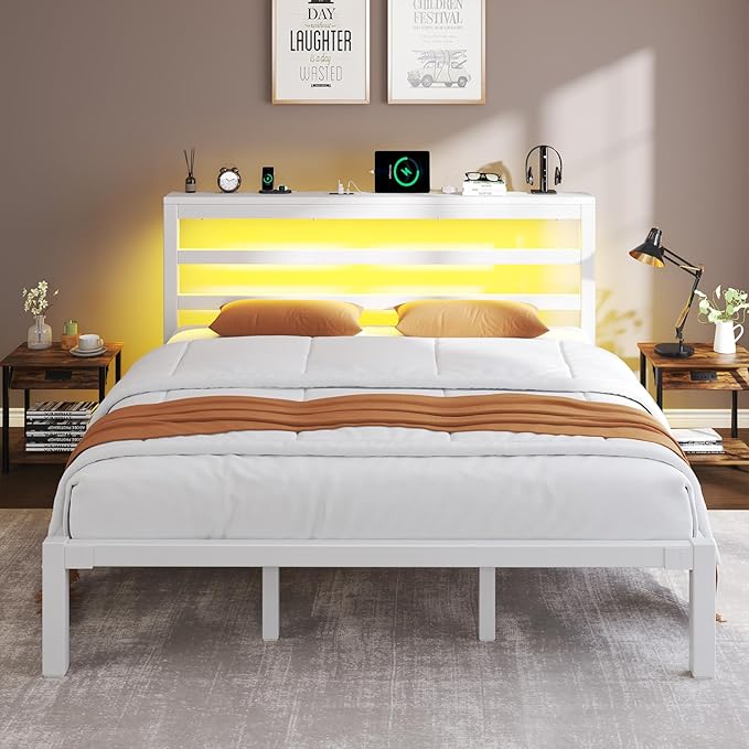 King Size Bed Frame with Storage Headboard, Industrial Platform Bed with Charging Station and LED Lights, Underbed Storage Space, No Box Spring Needed, Easy Assembly, Modern, White