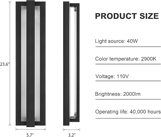 LamQee 23.6" Aluminum Long Outdoor Modern LED Wall Lights with Ribbed Glass, 2900K 2000LM Linear Exterior Lighting Fixture Wall Mount, IP65 Waterproof Black Outside Sconce for House Porch Garage Patio