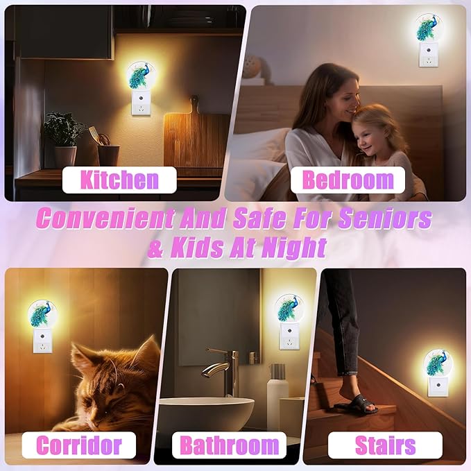 Watercolor Peacock Night Light Feather Night Lights LED Lamp Round Plug into Wall Nightlight with Dusk to Dawn Sensor Home Hallway Stairway Kitchen Decor