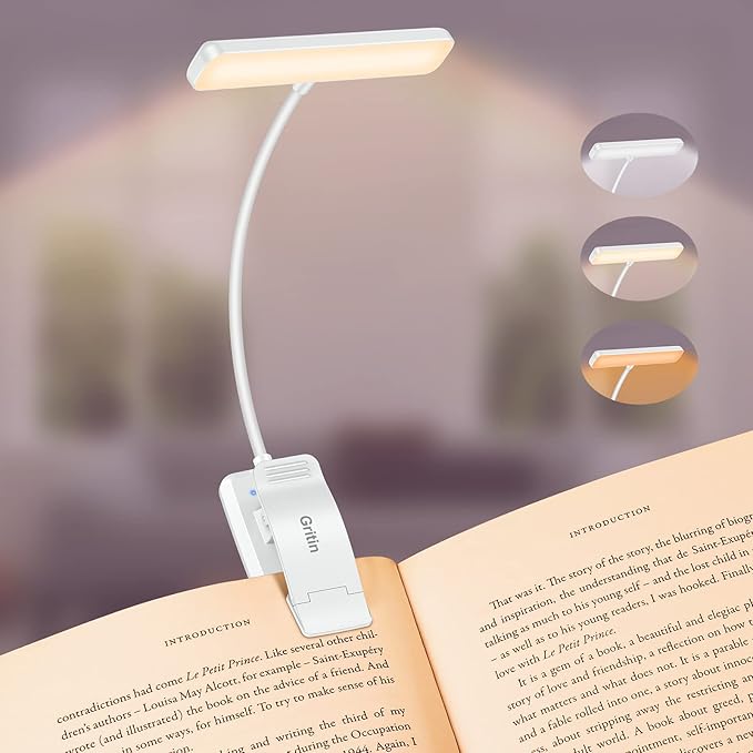 Gritin 19 LED Rechargeable Book Light for Reading in Bed with Memory Function- Eye Caring 3 Color Temperatures,Stepless Dimming Brightness,80 Hrs Runtime Clip on Light for Book Lovers-White