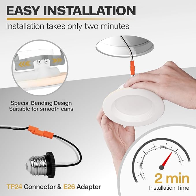 12 Pack 4 Inch LED Can Lights with Night Light, 5CCT Retrofit Recessed Lighting Selectable 2700K-6000K Dimmable, 9W=55W, 630LM Downlight with Metal Smooth Trim - ETL and Energy Star