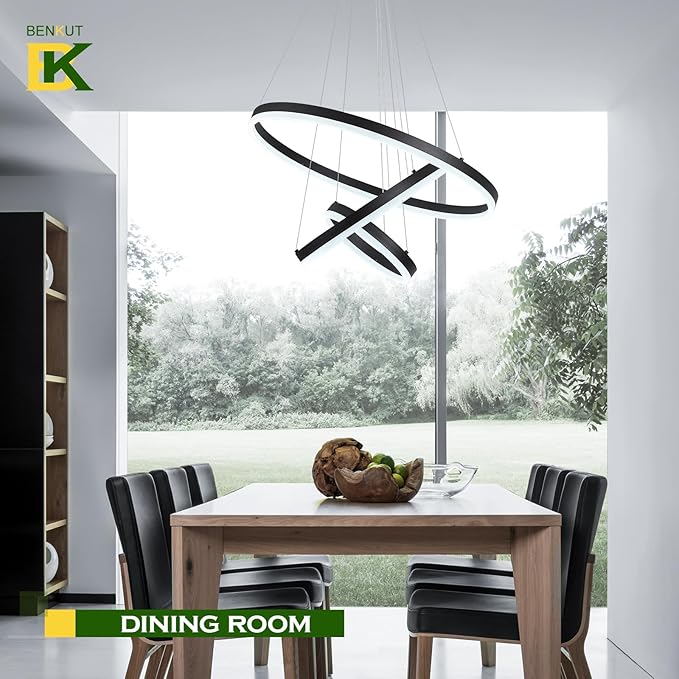 3-Rings D23.6 Modern LED Chandelier Black Dimmable Pendant Lighting with Remote Control Circular Flush Mount High Ceiling Light for Dining Room Living Room Bedroom Entrance Foyer, 3000K-6500K