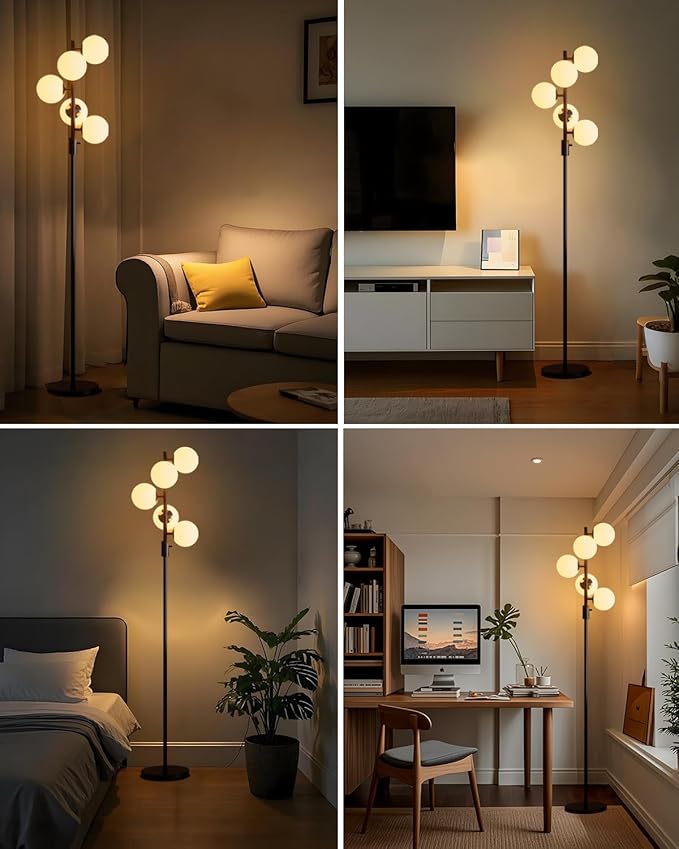 Lightdot 60IN Dimmable Black Tripod Floor Lamp, Mid Century Standing Lamps with 3 Globe Soft Warm White Eye Care 3000K Bulbs Included, Modern Tall Lamp for Living Room Bedroom