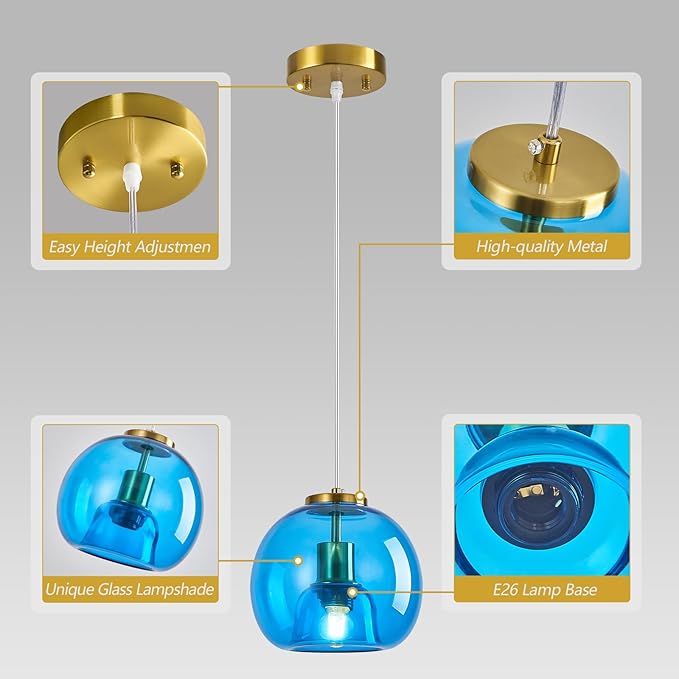 Blue Glass Pendant Lights Kitchen Island Gold Hanging Light Fixture Glass Globe Pendant Light Modern Pendant Lighting for Kitchen Island Bedroom Dining Room (7.87", 1 Pack)