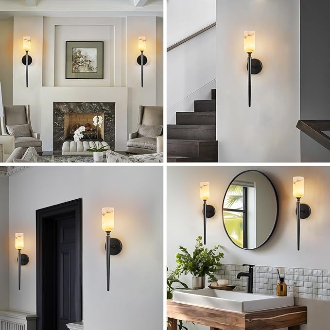 LMQNINE Natural Alabaster Wall Sconce Modern Black Wall Light Bathroom Sconce Wall Decor Antique Marble Sconces Wall Lighting for Bedroom Living Room Entryway Hallway Staircase
