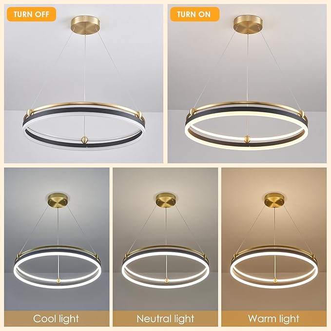 Modern LED Pendant Light 23.6" Black Gold Dimmable Circular LED Chandelier 1 Ring with Remote, Round Hanging Light for Kitchen Island Dining Room Living Room Foyer Entryway, 2-Ring Lighting