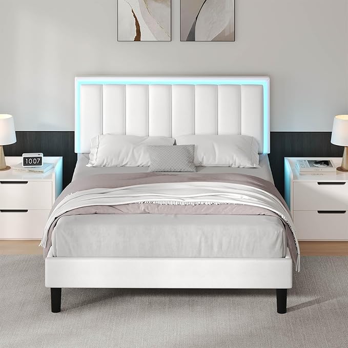 Queen Bed Frame, Bed Frame Queen Size with LED Lights, Upholstered Queen Bed Frames with Headboard, Heavy Duty Wood Slats Support, Noise-Free, No Box Spring Needed, Easy Assembly, White