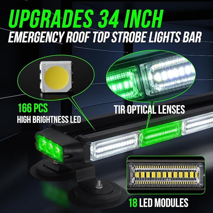 34inch 166 LED Emergency Rooftop Strobe Lights Bar Flashing Safety Traffic Advisor Warning Hazard Snow Plow Light W/Magnet Base for Work Trucks Vehicles Construction Tow Pickup Green White