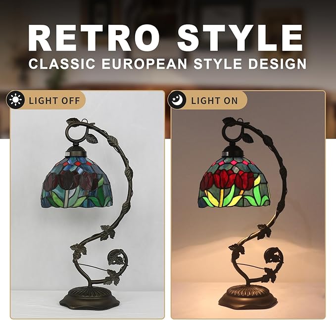 Stained Glass Lamp, Vintage Table Lamp, 8x10x20 Inch Bronze Metal Leaf Base Deco Desk Lamp for Bedroom, Living Room, Study（Tulip）