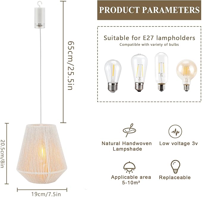 JHY DESIGN Battery Powered Hanging Lamp 8" H Braided Cotton Rope Decorative Pendant Lamp Battery Lamp with 6 Hours Timer for Bar Bedroom Patio Indoor Outdoor Living Room