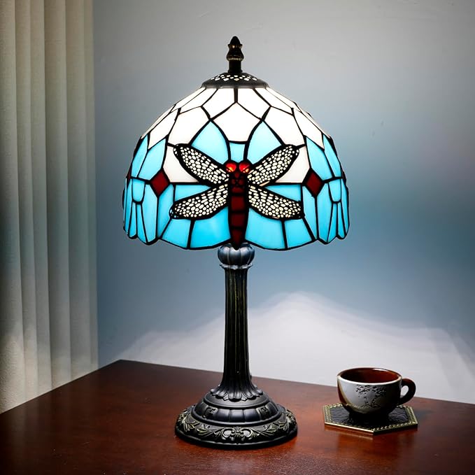 Tiffany Table Lamp Blue Dragonfly Stained Glass Bedside Lamp Antique Unique Cute Accent Nightstand Light for Home Living Room Office Dormitory Bar Decorate