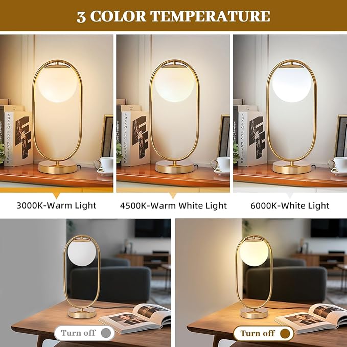 NKU Mid Century Modern Table lamp Luxury Bedroom Bedside Night Light Boho Vintage Glass Globe Table lamp with Led for Farmhouse Office Desk lamp