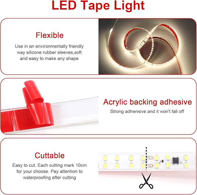 LED Strip Lights 6.56ft AC 110V Flexible Rope Lights 240LEDs/m 3000K Warm White Cuttable Outdoor Waterproof Strip Lights Double LED Beads for Living Room Under Cabinet Lighting