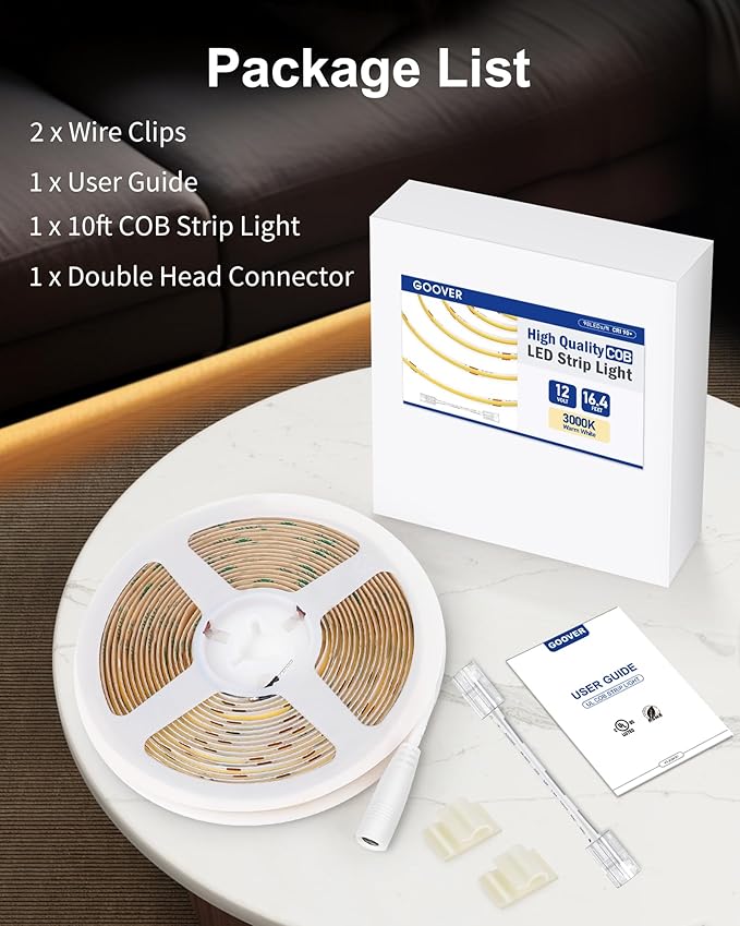 GOOVER COB LED Strip Lights 16.4ft, 3000K Warm White DC 12V Dimmable Tape Light, Ra 95+,150+LM/FT, 2.2W/ft, 1600 LEDs, UL Listed for Cabinets,Bedroom(Power Supply Sold Separately)