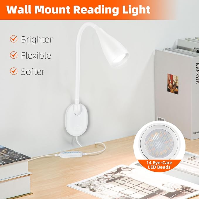LED Wall Mounted Bedside Reading Light, 3 Color Modes,10 Brightness Dimmable, USB Charging Port, Adhesive Wall Lamp Night Light for Books in Bed, Flexible Neck Eye-Caring Bedroom Lighting White