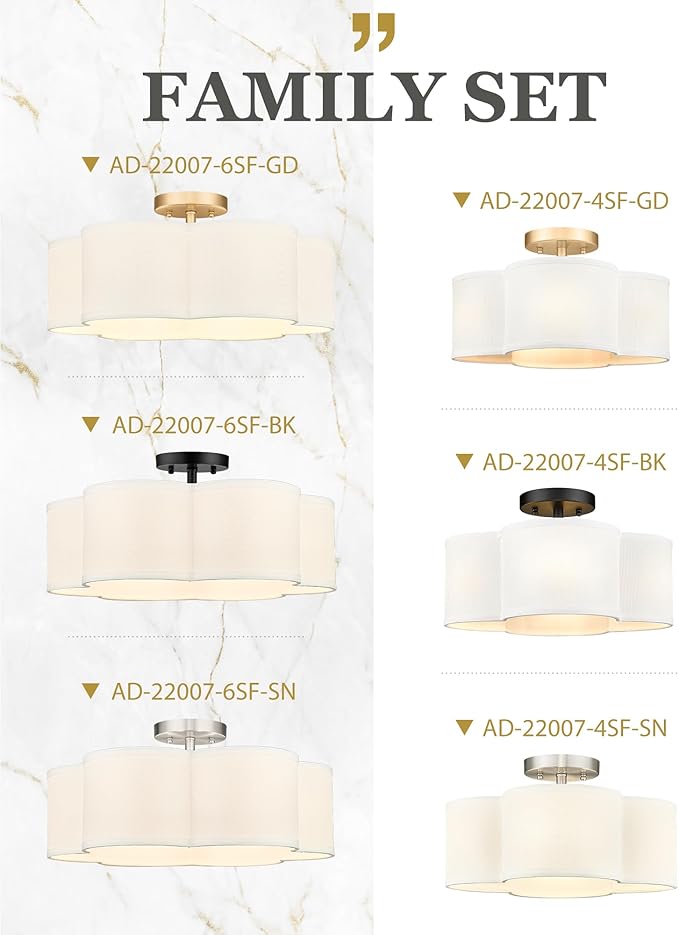 Semi Flush Mount Ceiling Lights, 6-Light 18" Ceiling Light Fixtures with Fabric Shade in Flower Shape, Brushed Nickel Farmhouse Drum Lighting for Nursery Bedroom Kitchen, AD-22007-6SF-SN