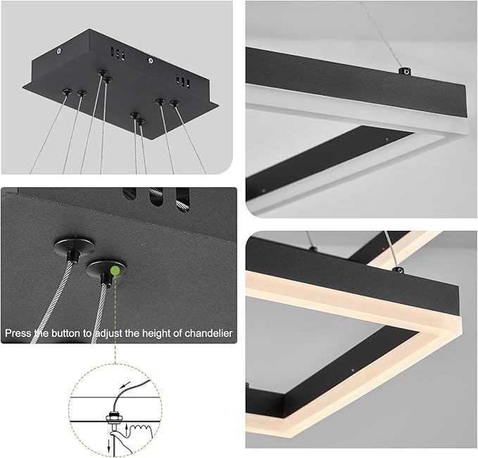 2 Rings Modern LED Chandelier Black 23.6inch Rectangle Dimmable LED Pendant Light with Remote Control 2 Tier Flush Mount High Ceiling Light for Dining Living Room Foyer(3000K-6500K, H59)