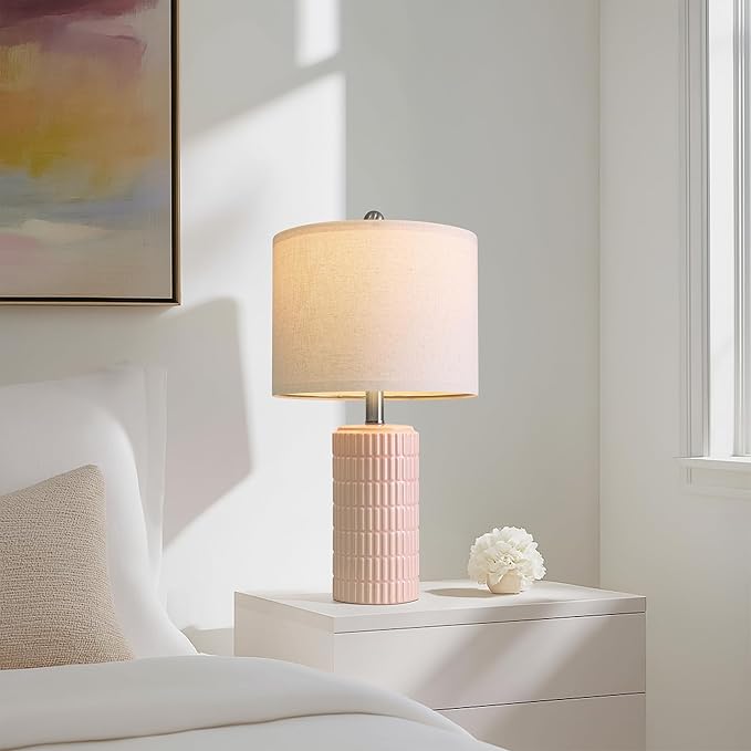 PoKat 20.75" Pink Ceramic Table Lamps Set of 2, Small Modern Bedroom Lamps for Girls Room, Bedside Lamps for Night Stands, Cute Lamps for Living Room Decor, Nightstands Desk Lamp, Light Pink