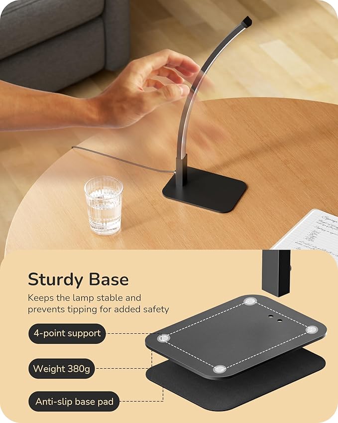 EDISHINE Curved LED Table Lamp, Modern Bedside Lamp with 3 Color Temperature & Stepless Dimming, Aluminum & Iron, Nightstand Lamp for Bedroom, Living Room, Black