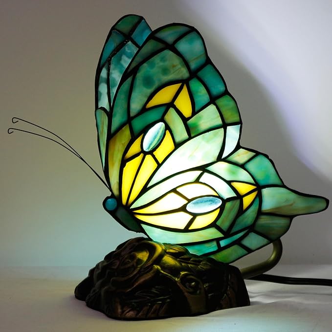 Small Tiffany Table lamp Stained Glass Butterfly Desk Lamp 7X5X9.8 Inch Accent Antique Light (Green Butterfly)