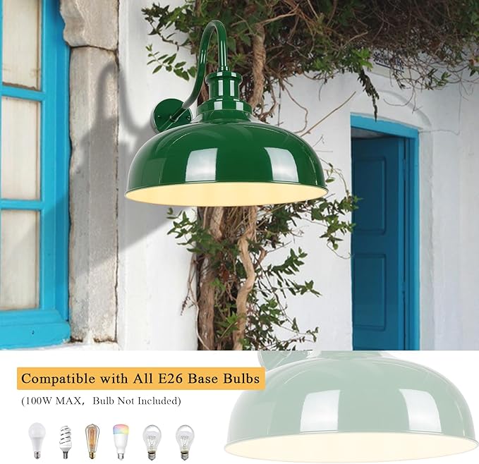 Outdoor Barn Lights, 16 Inch Dome Rustic Outdoor Wall Sconces, Farmhouse Exterior Wall Mount Lighting Fixture, Industrial Green Wall Lantern for Porch, Entryway, Garage, RZ007L-2 GR+WH