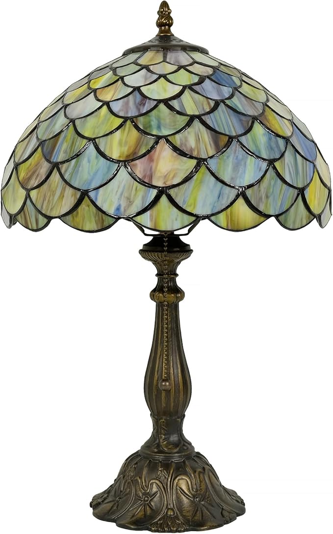 Tiffany Style Table Lamp Vintage Stained Glass Desk Lamp Mable Gradient Green Fish Scales Bedside Reading Light Decor Bedroom Living Room Home Office D12 xH18 (Green Fish Scales)